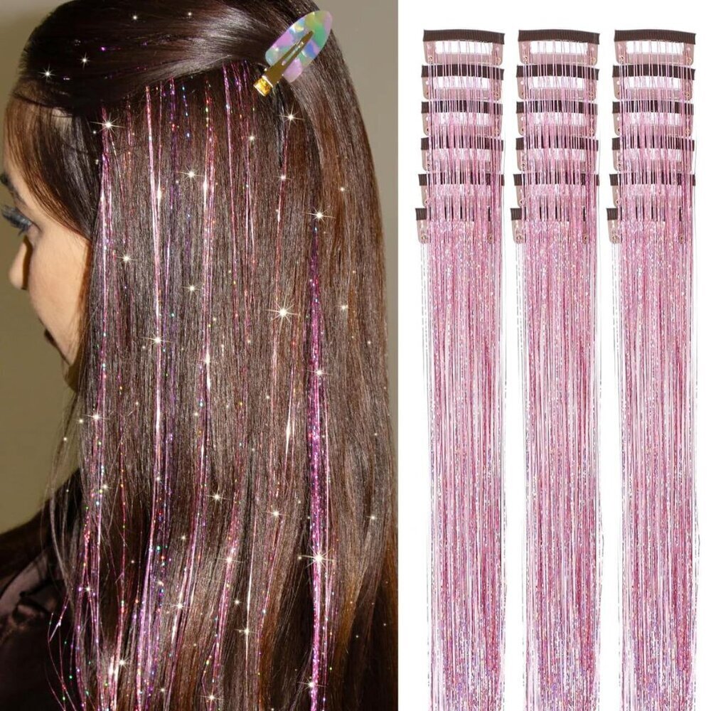 Pink Hair Tinsel Kit 18 Pcs Glitter Clip Ins 20 Inch Festival Hair Extensions
